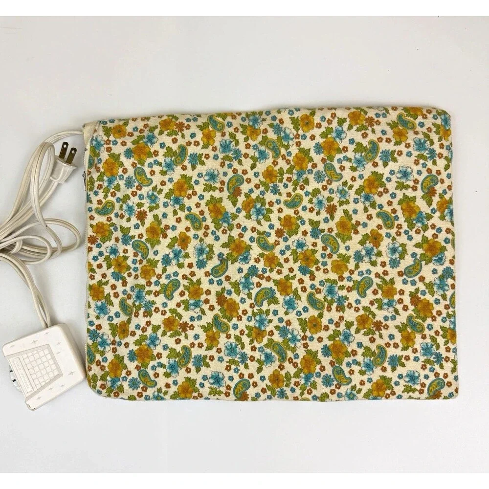 Vintage Neco Electric Heating Pad Floral Paisley Fabric Cover Therma Dial Retro
